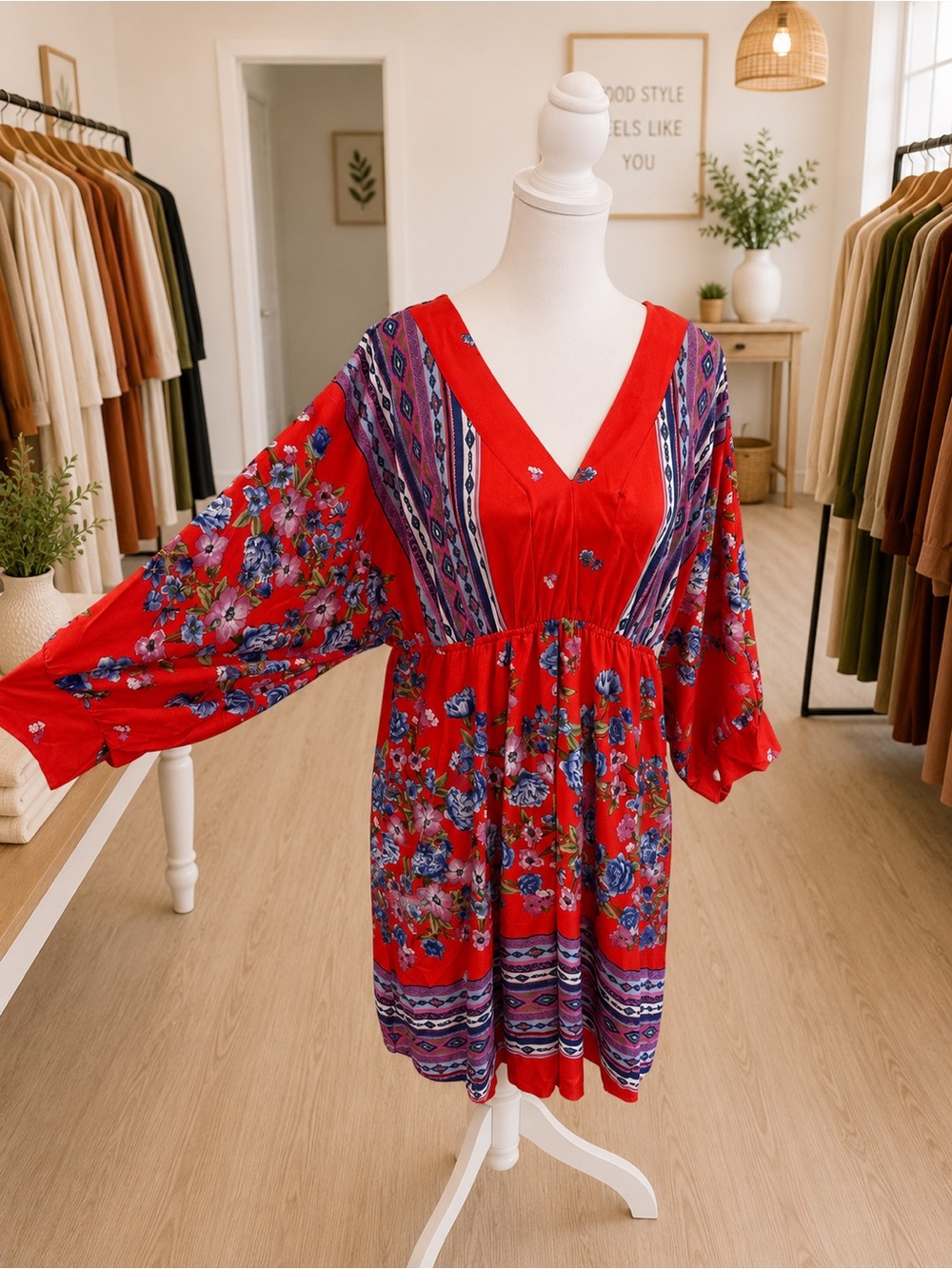 White Birch Red Floral Boho Babydoll Dress Balloon Sleeves XL 1X 2X NWOT